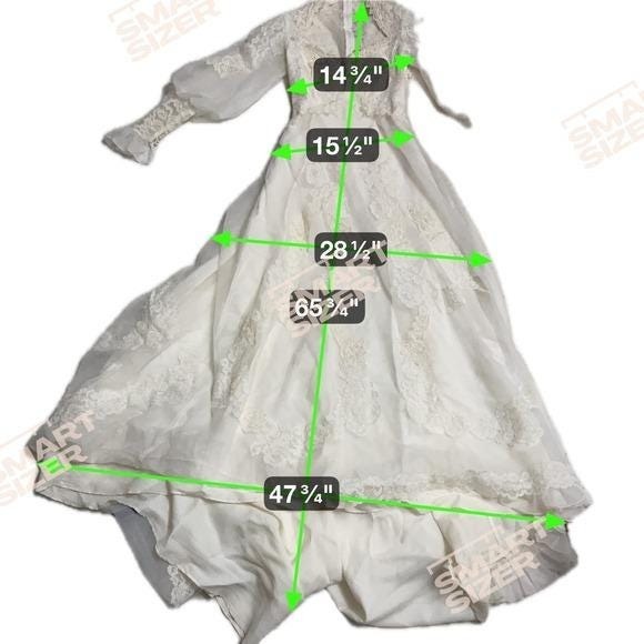 True Vintage 1970s Lace Wedding Gown – Sheer Bishop Sleeves & Chapel Train XS - Picture 9 of 16